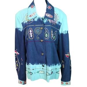 Vintage Turquoise Blue Denim Jacket Southwestern Boho Womens XL Embroidered